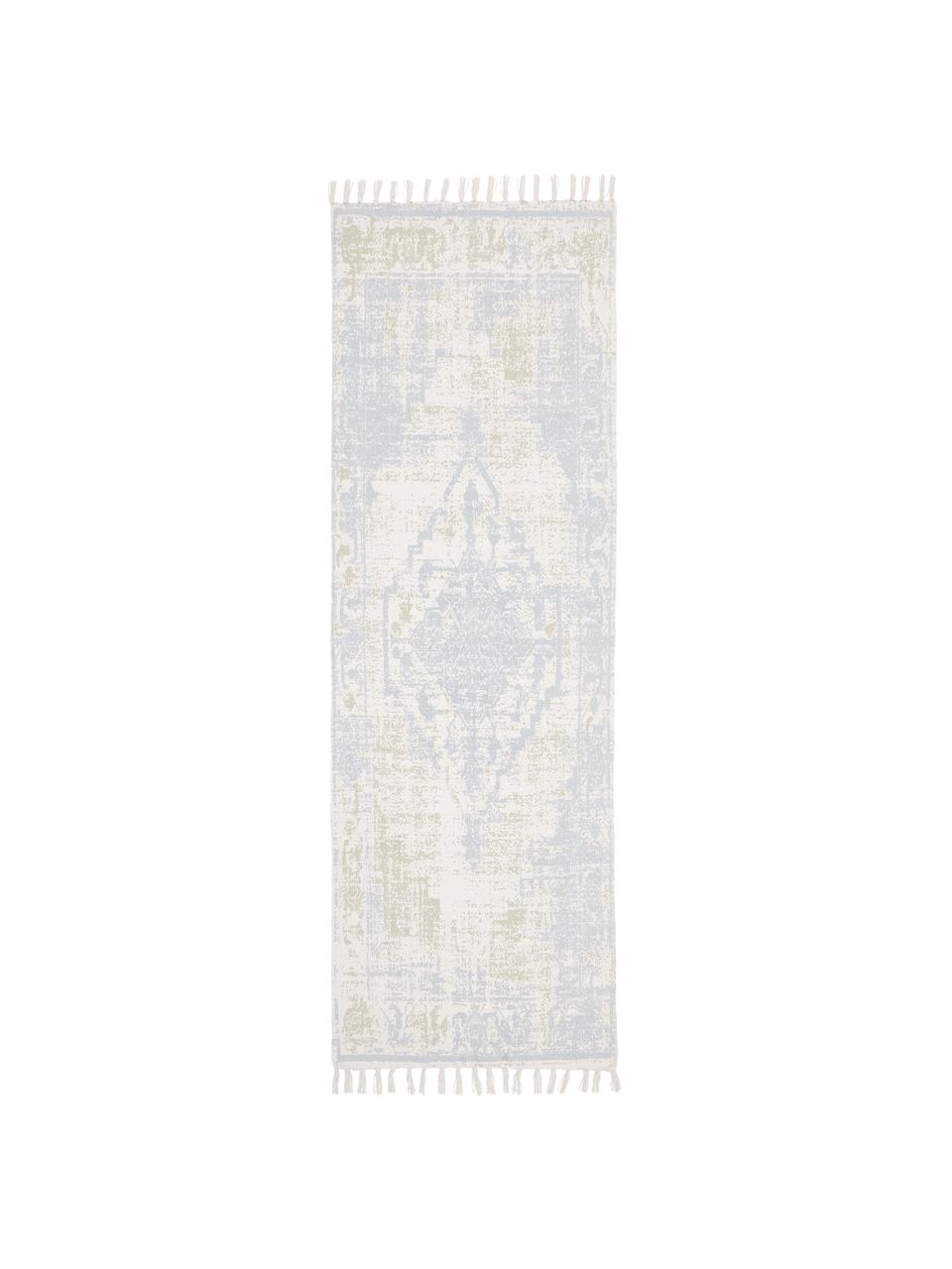 Passatoia vintage in cotone beige/blu tessuta a mano Jasmine, Beige, blu, Larg. 80 x Lung. 250 cm