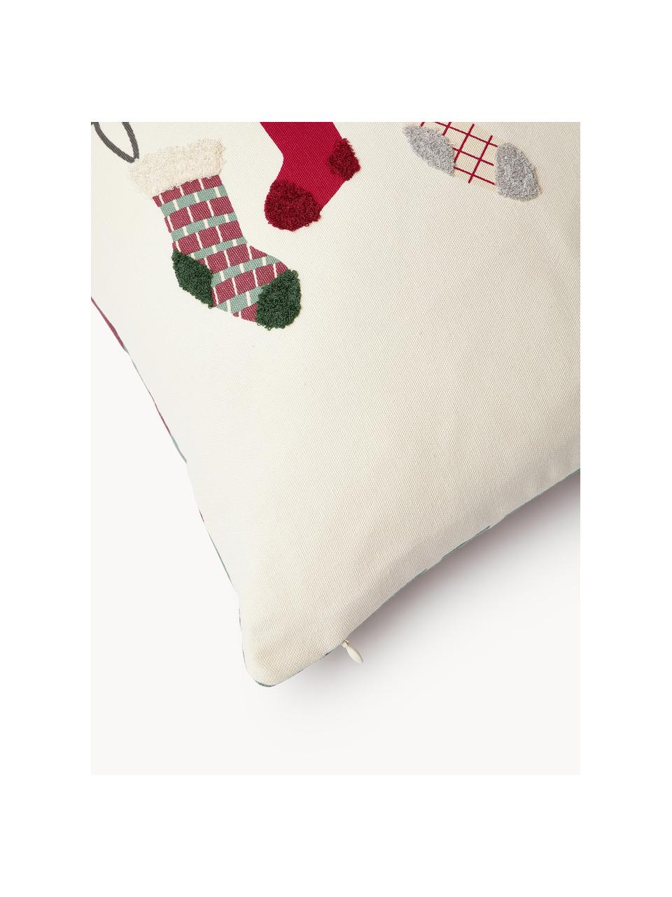 Funda de cojín doble cara con estampado invernal Rory, 100% algodón, Blanco Off White, rojo, verde, An 45 x L 45 cm