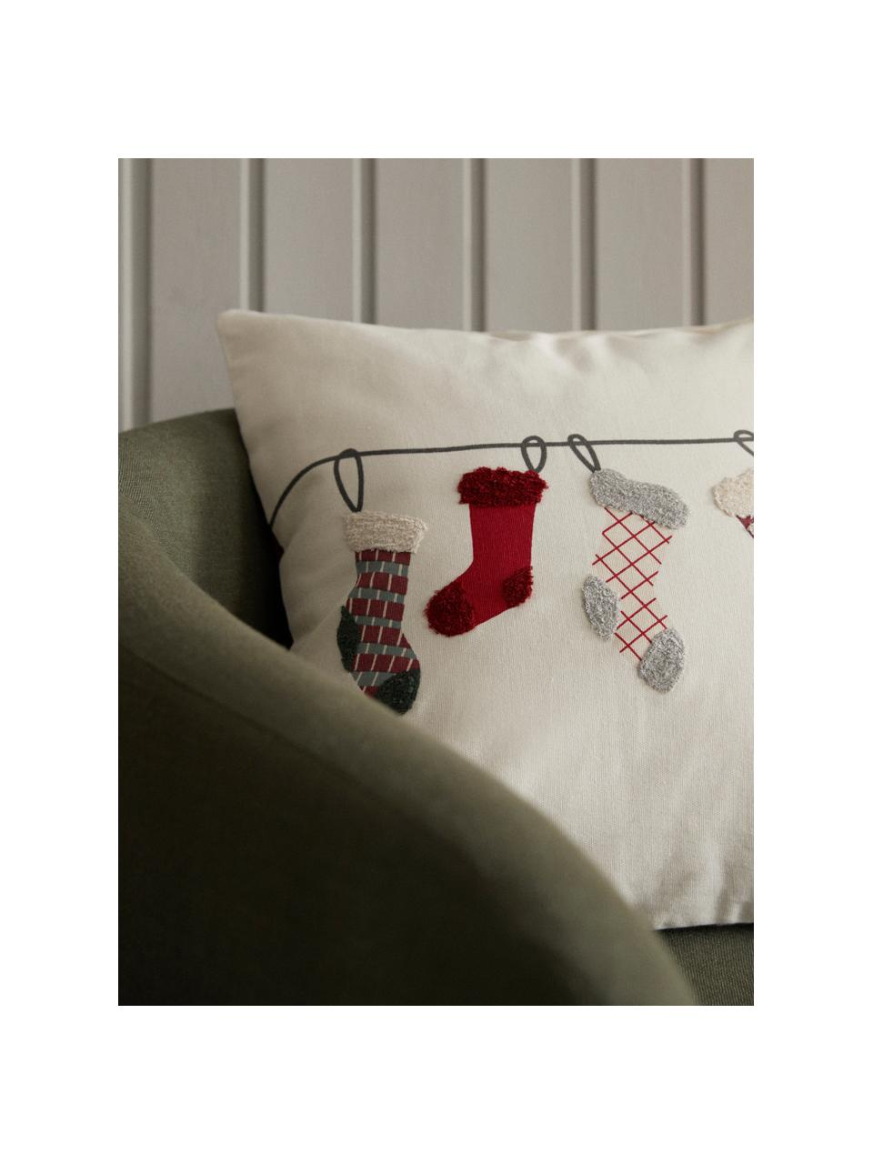 Housse de coussin 45x45 réversible avec motif hivernal Rory, 100 % coton, Blanc cassé, rouge, vert, larg. 45 x long. 45