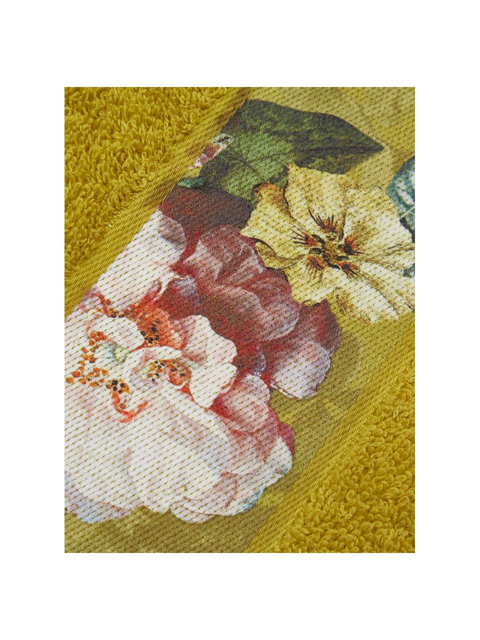 Handdoek Fleur in verschillende formaten, met bloemenrand, 97% katoen 3% polyester, Mosterdgeel, multicolour, Handdoek, B 60 x L 100 cm