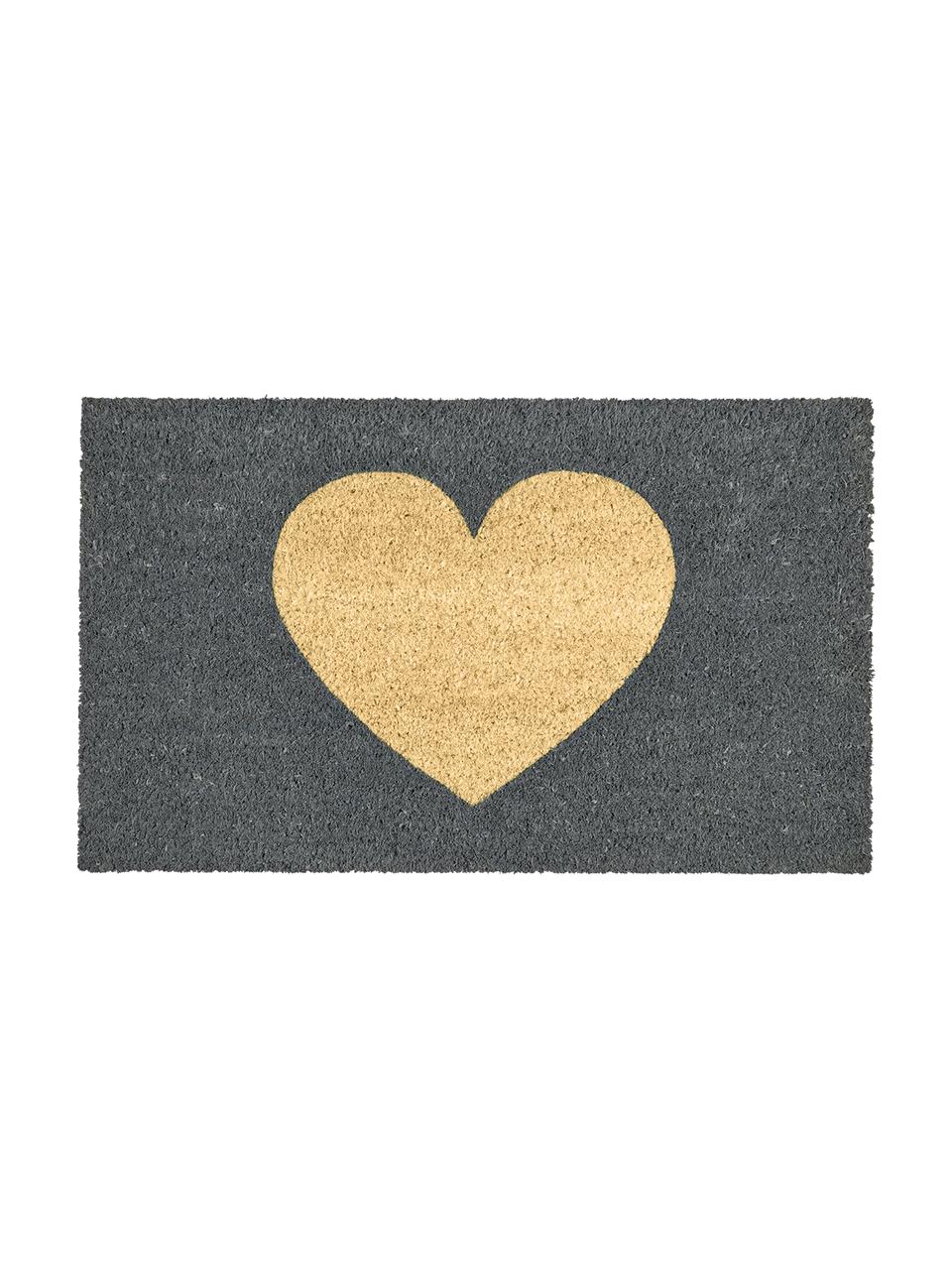 Fussmatte Heart, Kokosfaser, Vinylrücken, Grau, Beige, B 45 x L 75 cm