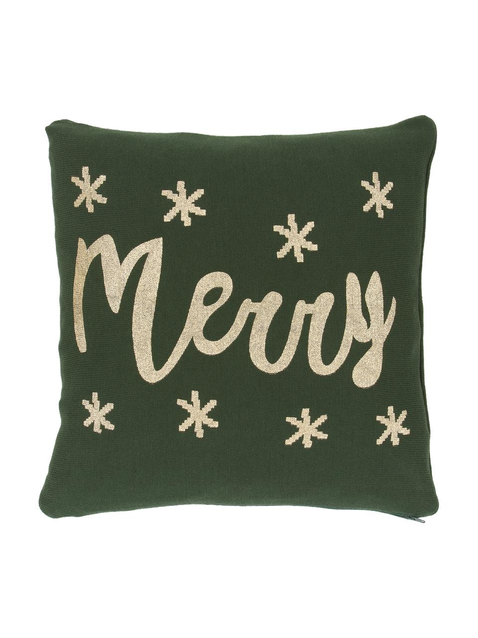 Gebreide kussenhoes Merry in groen/goudkleur met opschrift, 100% katoen, Groen, goudkleurig, B 40 x L 40 cm