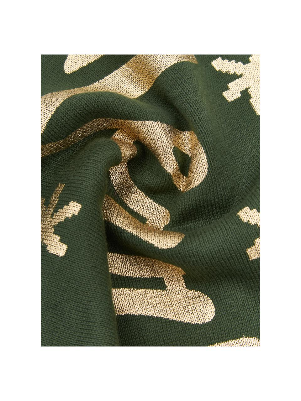 Federa arredo a maglia color verde/dorato con scritta Merry, 100% cotone, Verde, dorato, Larg. 40 x Lung. 40 cm