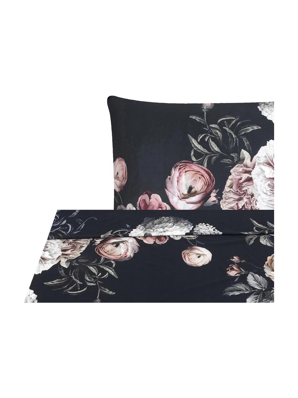 Sábana encimera de satén Blossom, Negro, Cama 150/160 cm (240 x 270 cm)