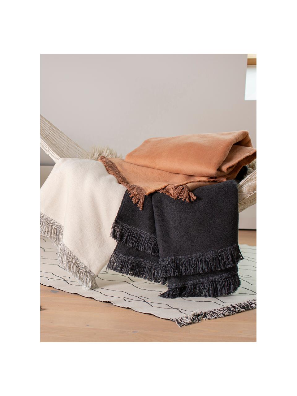 Plyšová deka z bavlny s třásněmi Vienna, 85 % bavlna, 15 % polyakrylát, Tmavě šedá, Š 150 cm, D 200 cm