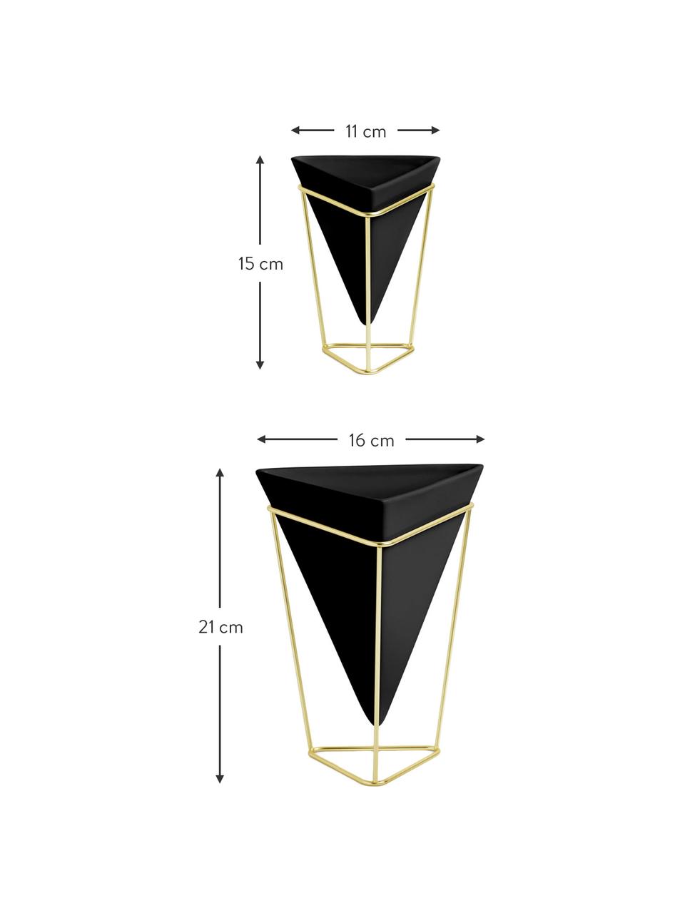 Plantenpottenset Trigg van keramiek, 2-delig, Frame: vermessingd metaal, Zwart, messingkleurig, Set met verschillende formaten