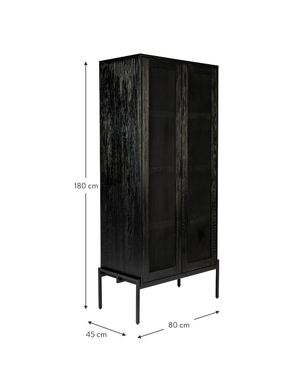 Vitrinekast Hardy van hout en metaal, Frame: MDF met eikenhoutfineer, , Poten: gecoat metaal, Zwart, 80 x 180 cm