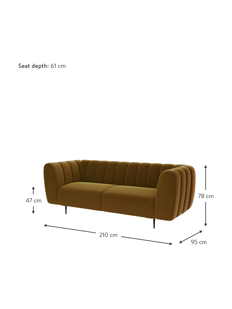 Sofá de terciopelo Shel (3 plazas), Tapizado: 100% terciopelo de poliés, Estructura: madera dura, madera bland, Patas: metal recubierto Alta res, Amarillo, An 210 x F 95 cm