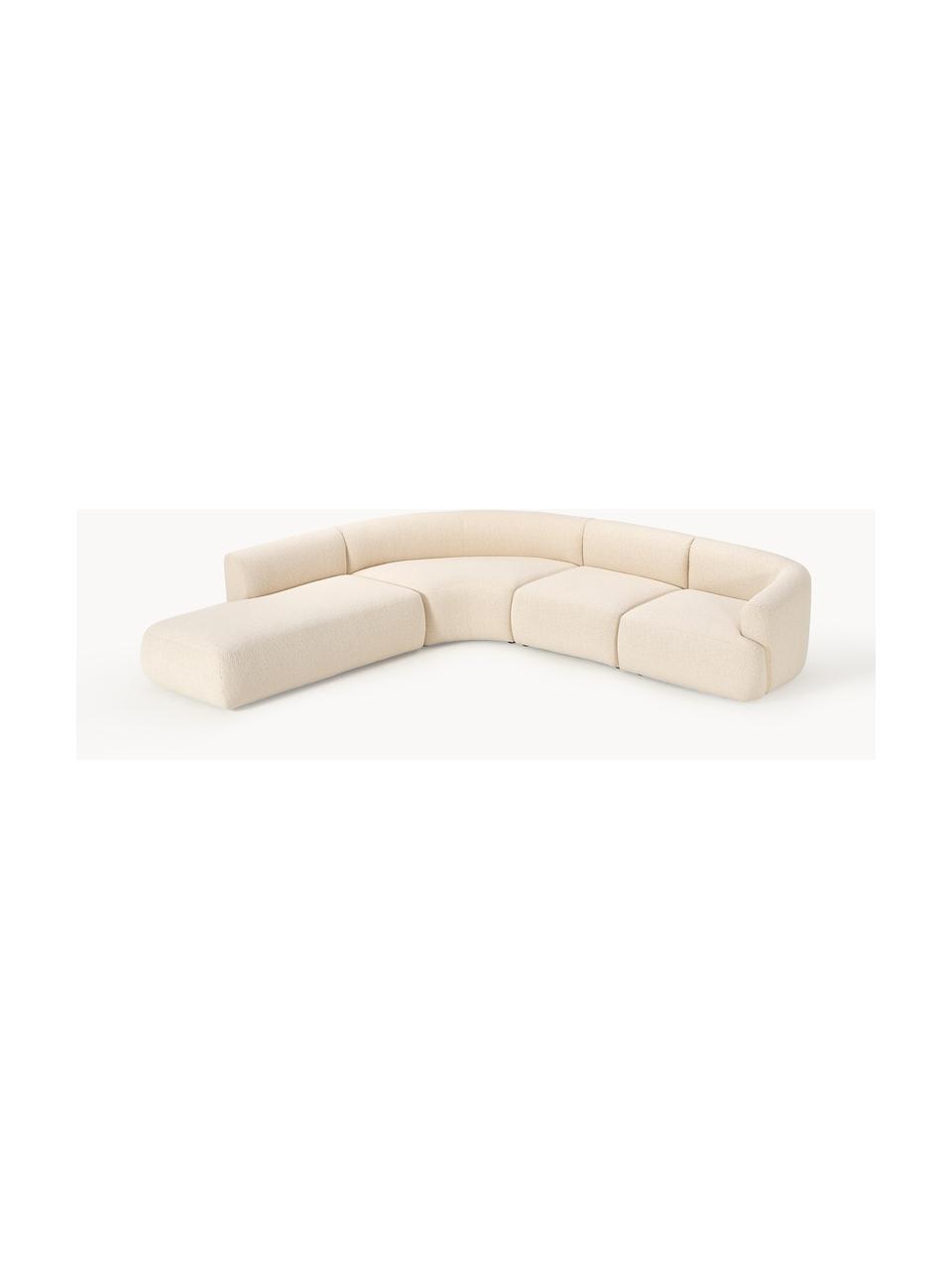 Sofá rinconera modular en tejido bouclé Sofia (4 plazas), Tapizado: tejido bouclé (100% polié, Estructura: madera de abeto, tablero , Patas: plástico Este producto es, Bouclé beige claro, An 319 x F 298 cm, chaise longue derecha