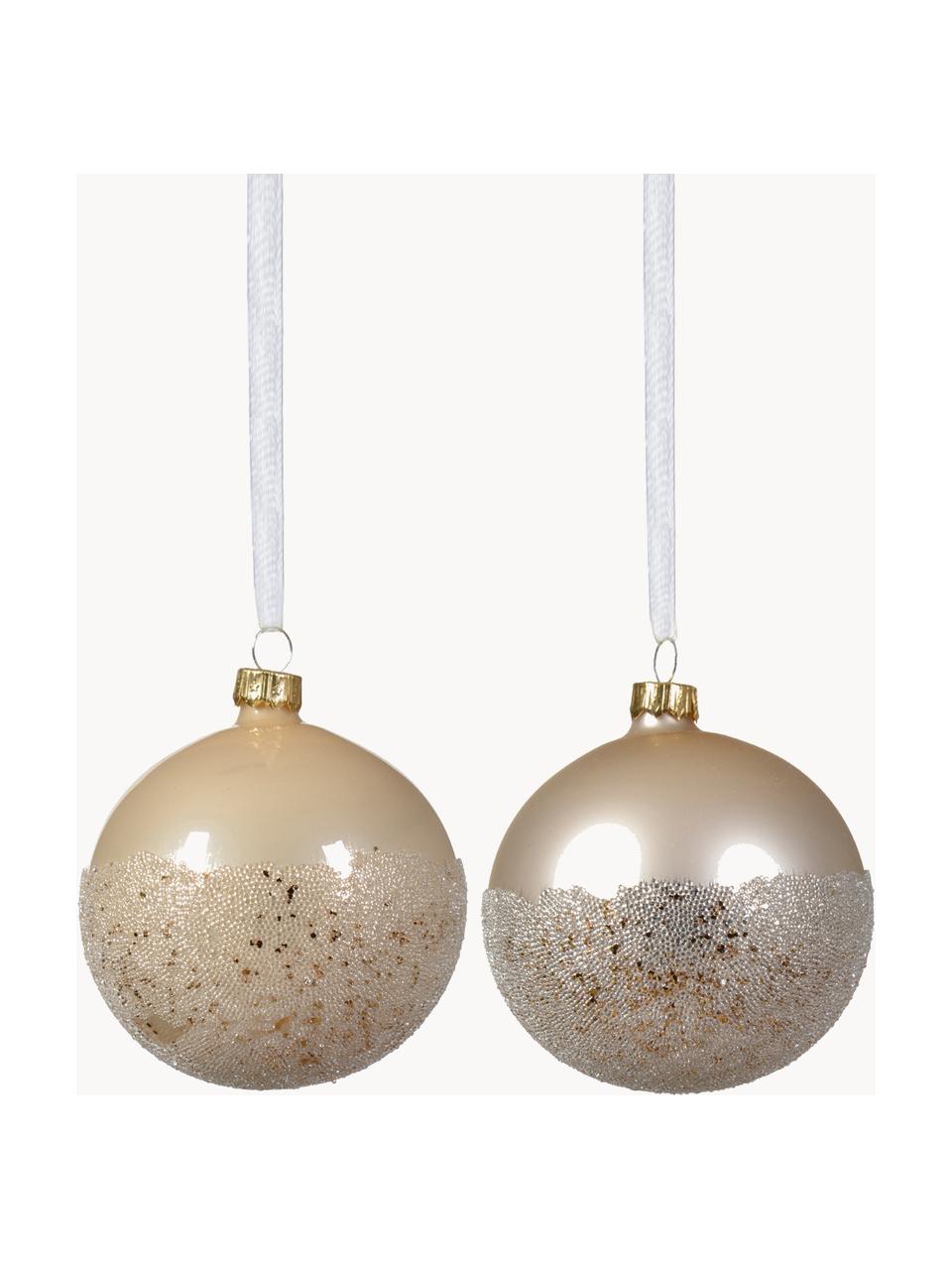 Boules de Noël Flossy, 6 élém., Verre, Blanc crème, Ø 8 cm