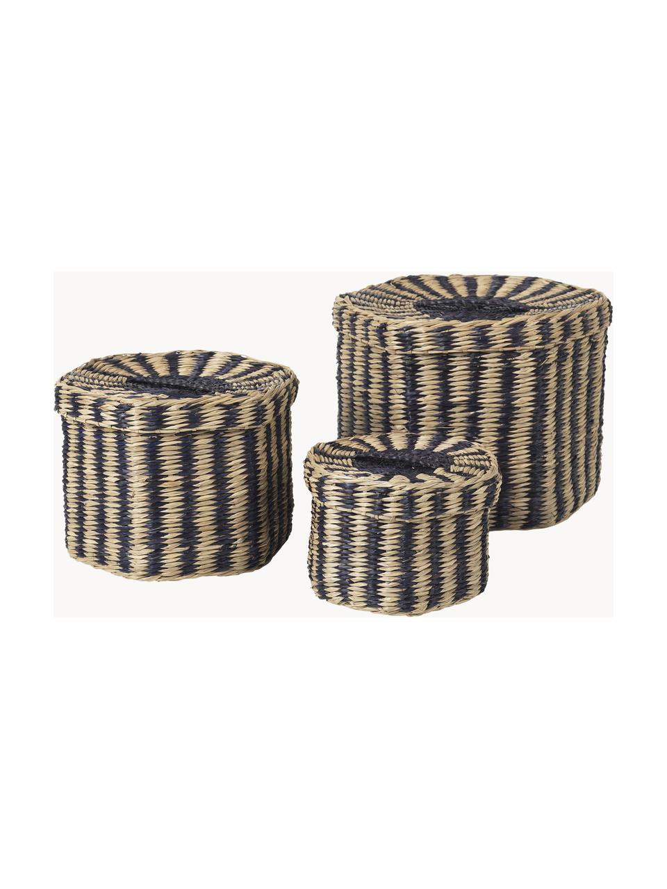 Set de cestas artesanales de jacinto de agua Polly, 3 uds., Seagrass, Beige, negro, Set de diferentes tamaños