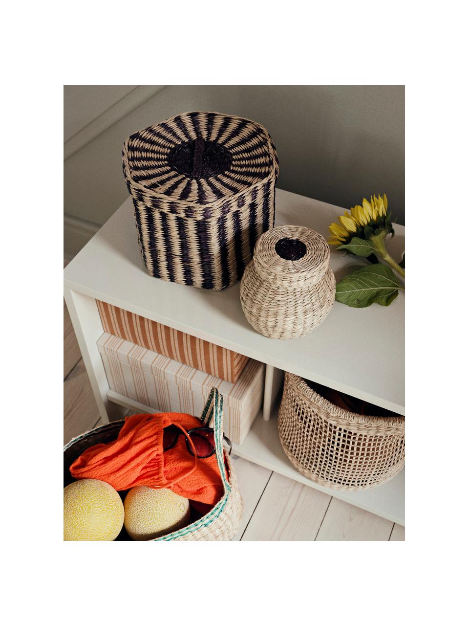 Set de cestas artesanales de jacinto de agua Polly, 3 uds., Seagrass, Beige, negro, Set de diferentes tamaños
