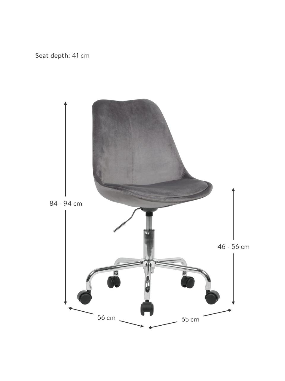 Fluwelen bureaustoel Lenka, in hoogte verstelbaar, Bekleding: fluweel, Frame: verchroomd metaal, Fluweel grijs, B 65 x D 56 cm