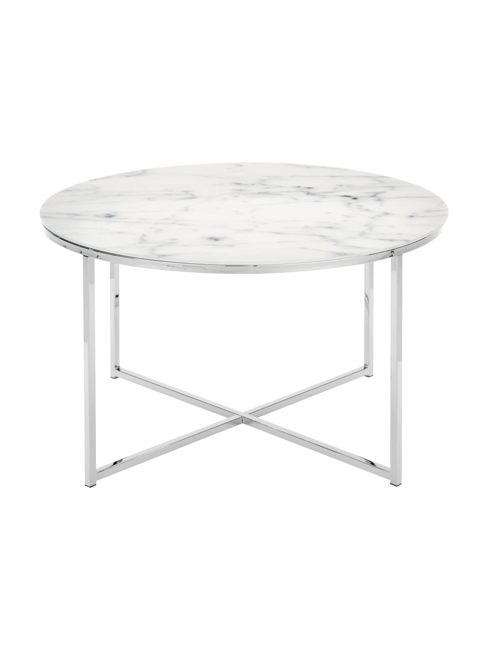 Konferenční stolek s mramorovanou skleněnou deskou Antigua, Bílošedá mramorovaná, chrom, Ø 80 cm, V 45 cm