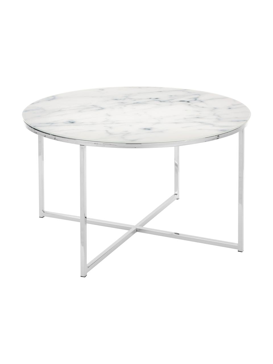 Mesa de centro Antigua, tablero de vidrio en aspecto mármol, Tablero: vidrio estampado con aspe, Estructura: metal cromado, Aspecto mármol blanco, cromo, Ø 80 cm