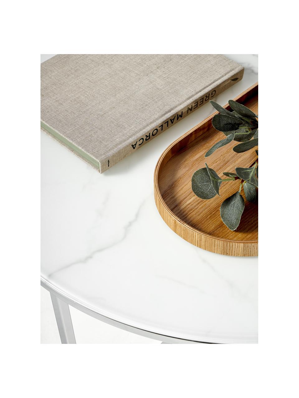 Kulatý konferenční stolek se skleněnou deskou v mramorovém vzhledu Antigua, Bílý mramorový vzhled, lesklá stříbrná, Ø 80 cm