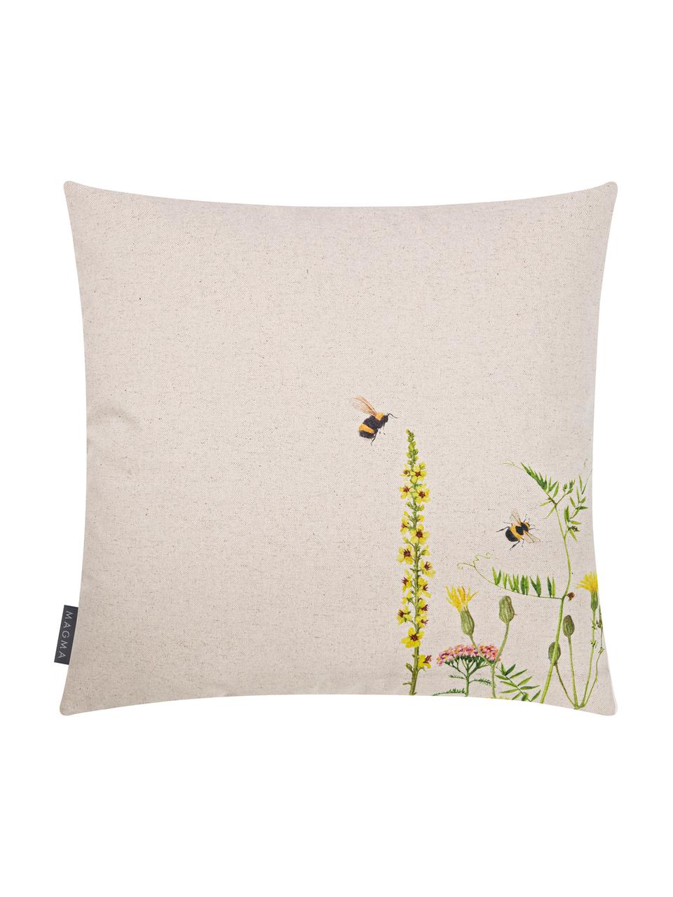 Dubbelzijdige kussenhoes Biene met bloemen motief, 85% katoen, 15% linnen, Beige, meerkleurig, B 50 x L 50 cm