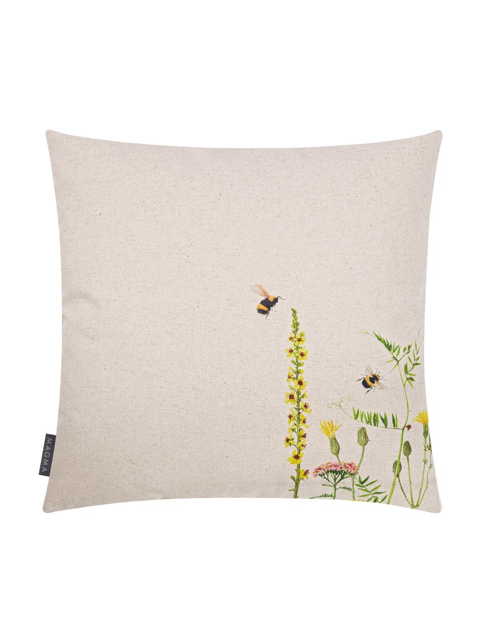 Wendekissenhülle Biene mit Blumenmotiv, 85% Baumwolle, 15% Leinen, Beige, Bunt, B 50 x L 50 cm