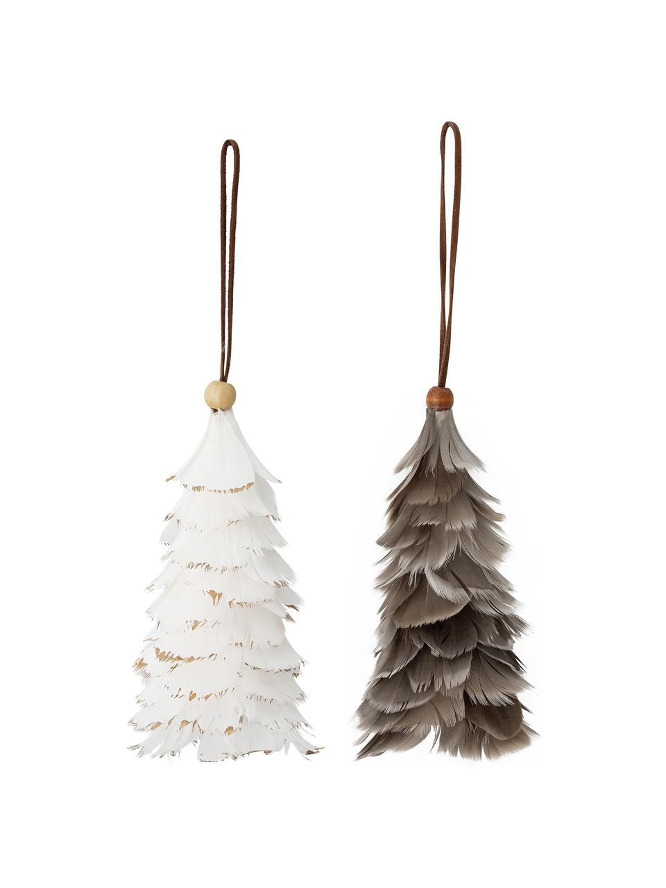 Set 2 ciondoli albero di Natale Martia, Piume, Bianco, grigio, Ø 8 x Alt. 14 cm