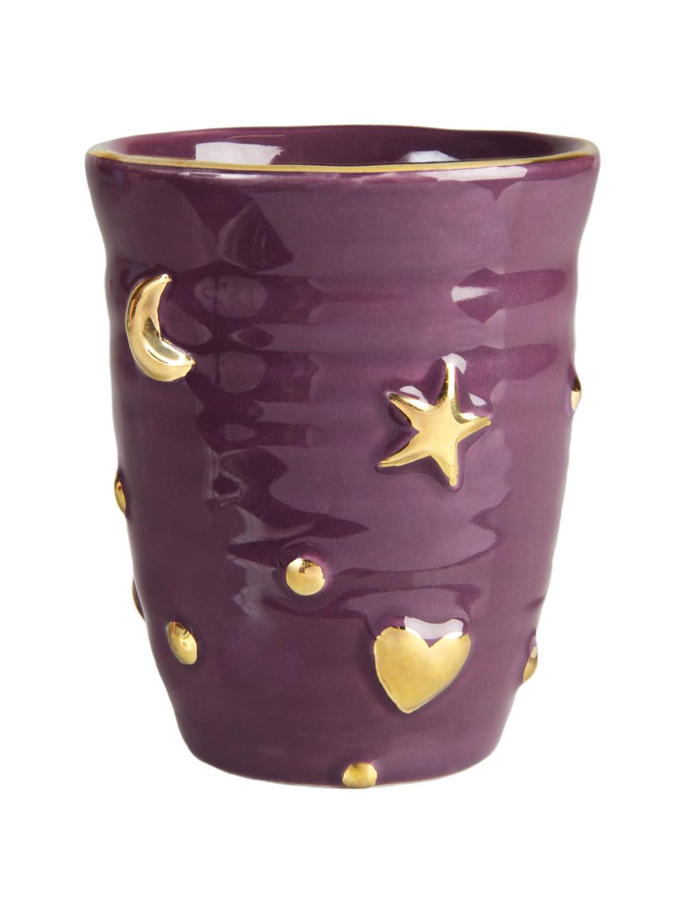Set 4 tazze senza manico fatte a mano con decoro dorato Anouk, Porcellana, Viola, azzurro, rosso, rosa, dorato, Ø 8 x Alt. 10 cm