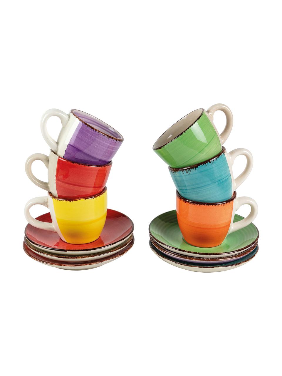 Tazas originales con platito Baita, 6 uds., Gres (dolomita) pintado a mano, Amarillo, rojo, verde claro, lila, naranja, azul claro, 90 ml