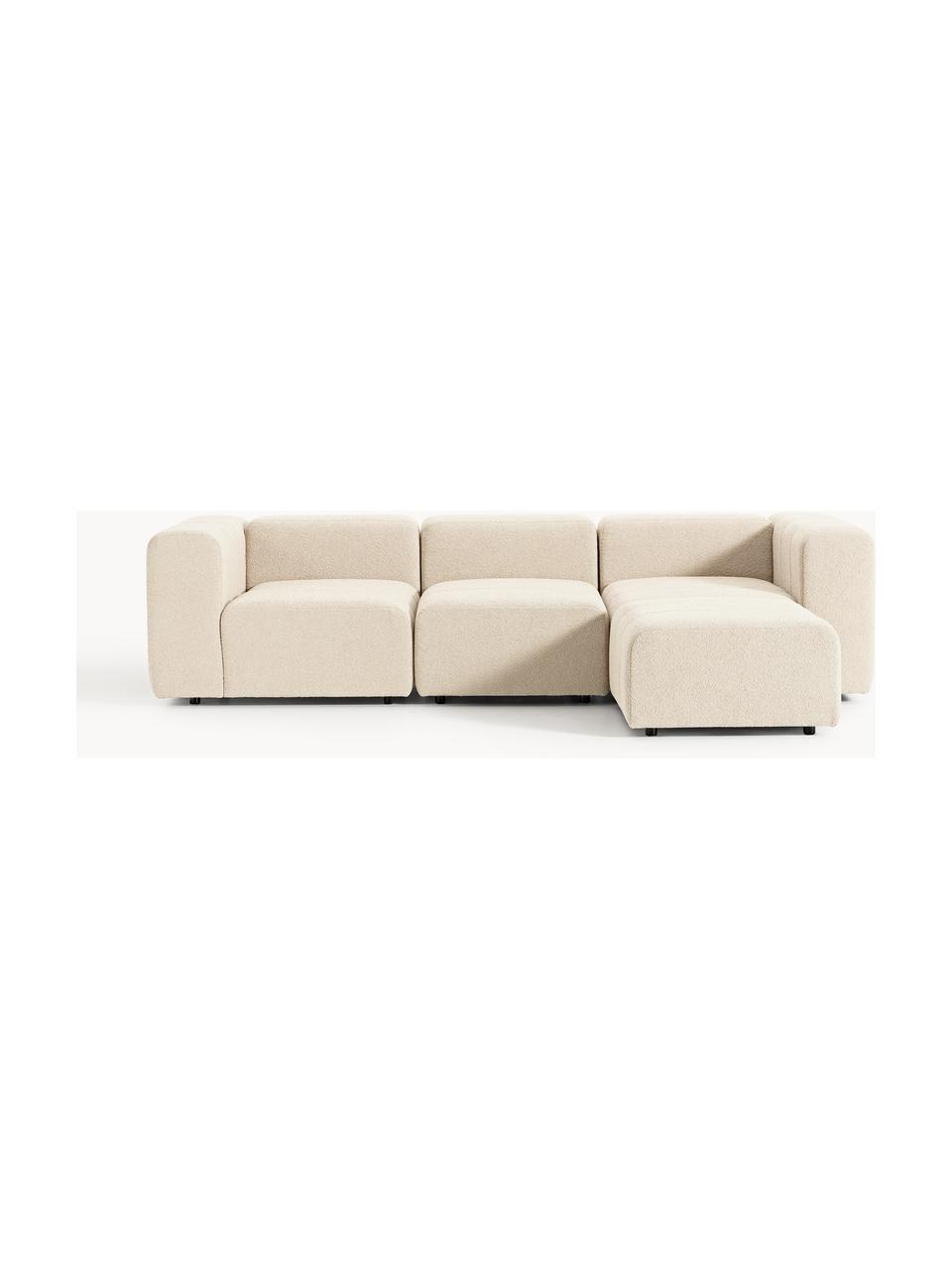 Modulares Bouclé-Sofa Lena (4-Sitzer) mit Hocker (links/rechts), Bezug: Bouclé (93 % Polyester, 6, Gestell: Buchenholz, Spanplatte, H, Füße: Kunststoff, Bouclé Hellbeige, B 287 x T 181 cm