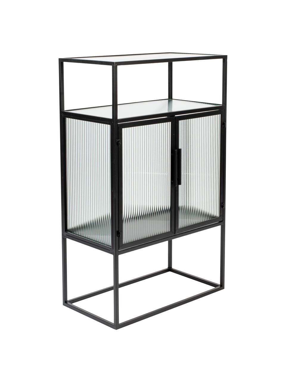 Chiffonnier de metal y vidrio estriado Boli, Estructura: metal con pintura en polv, Negro, An 65 x Al 105 cm