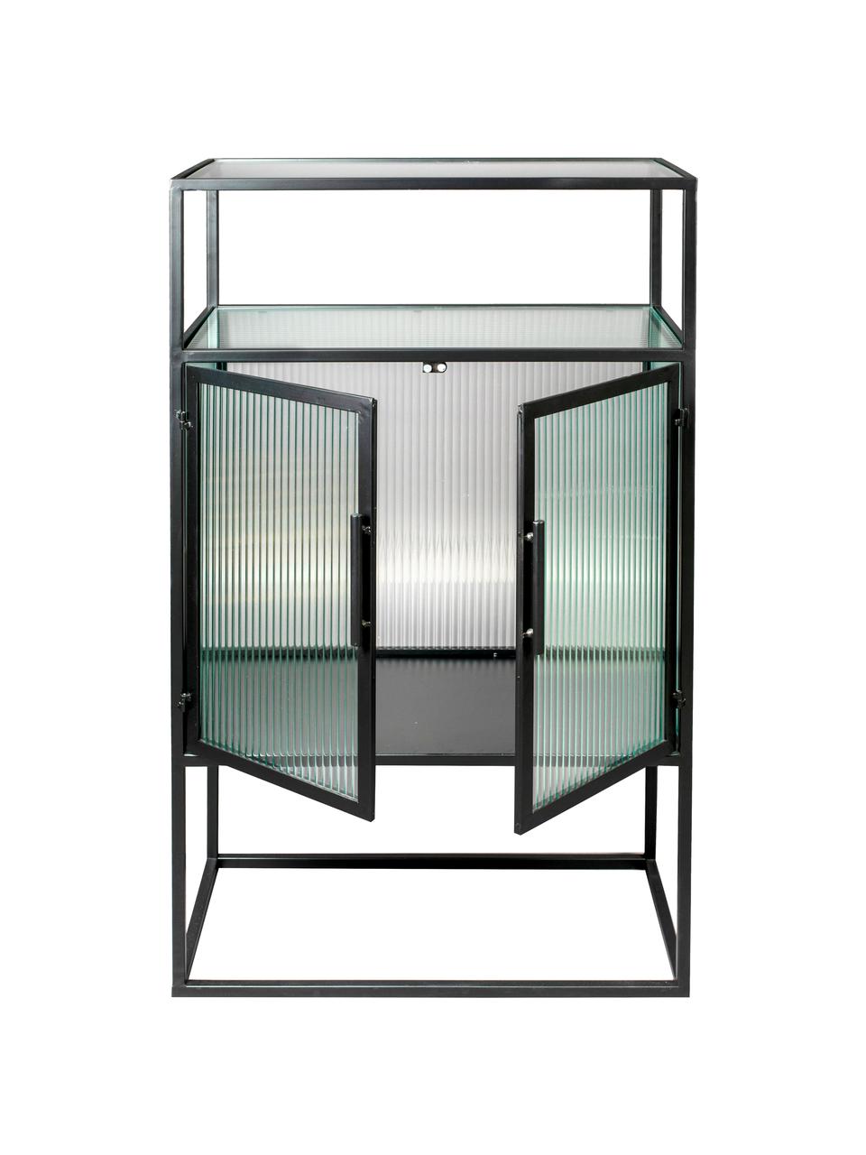 Černá skříňka s drážkovaným sklem a kovovým rámem Boli, Černá, Š 65 cm, V 105 cm
