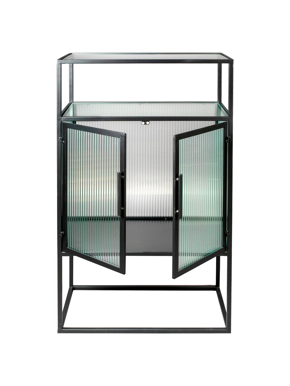 Zwarte dressoir Boli met gegroefd glas en metalen frame, Frame: gepoedercoat metaal, Zwart, B 65 cm x H 105 cm