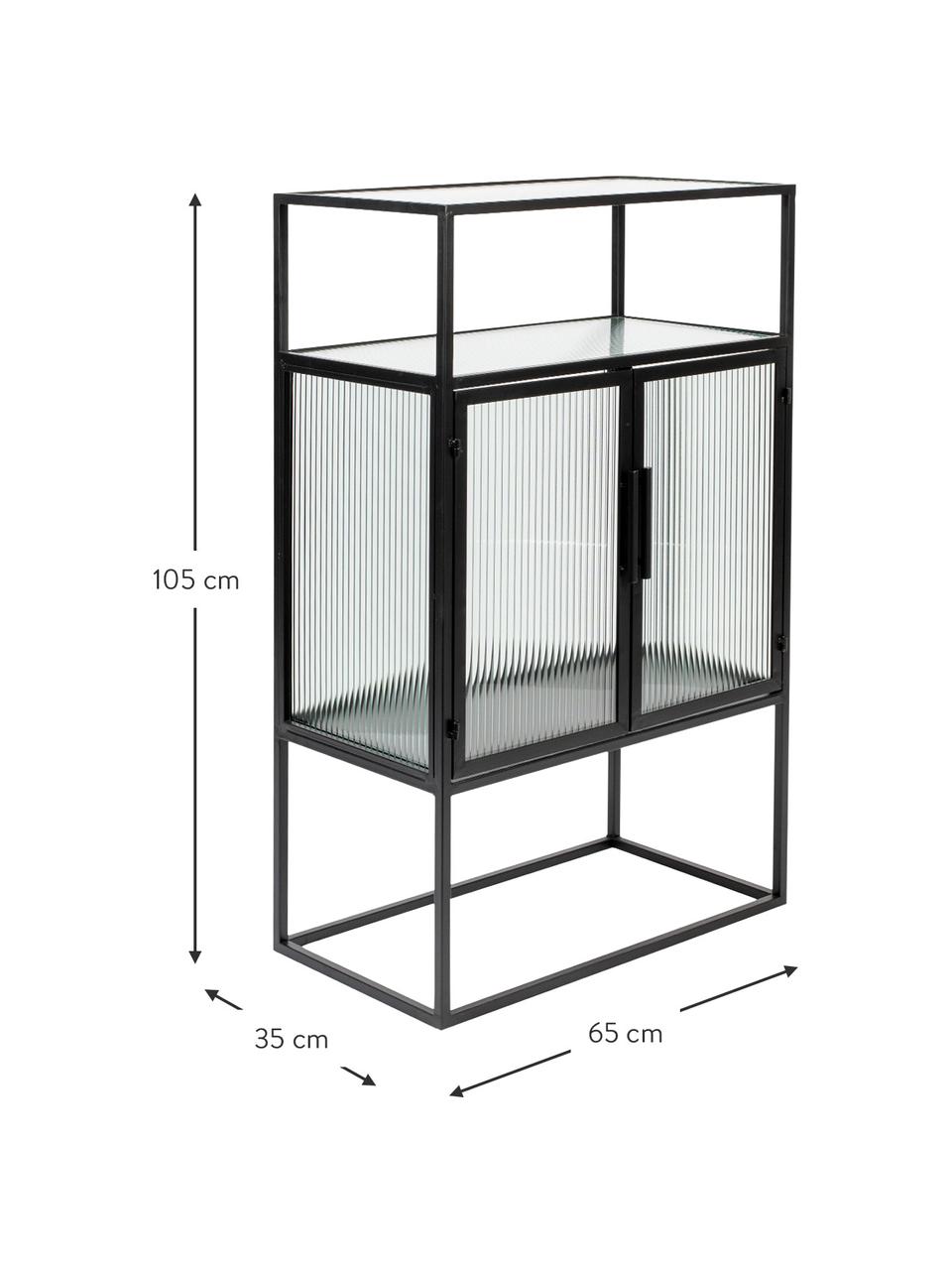 Zwarte dressoir Boli met gegroefd glas en metalen frame, Frame: gepoedercoat metaal, Zwart, B 65 cm x H 105 cm