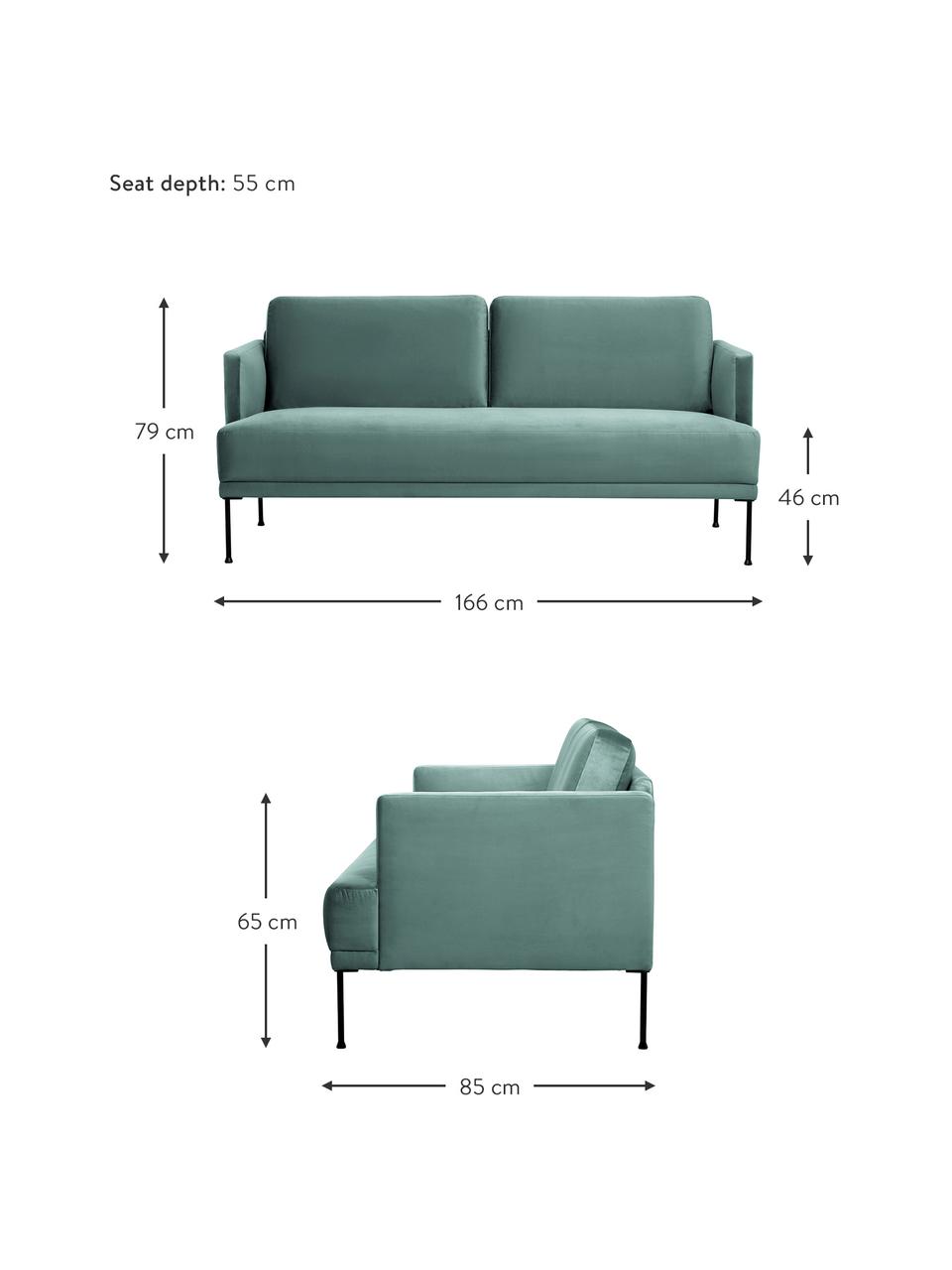 Sofa z aksamitu z metalowymi nogami Fluente (2-osobowa), Tapicerka: aksamit (wysokiej jakości, Stelaż: lite drewno sosnowe z cer, Nogi: metal malowany proszkowo, Jasnozielony aksamit, S 166 x G 85 cm