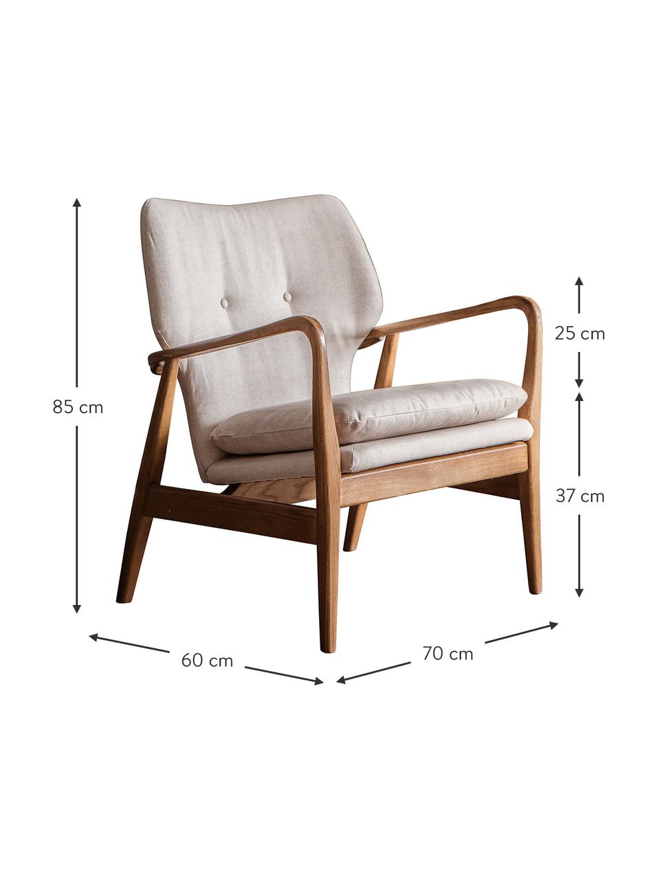 Fotel wypoczynkowy z drewna dębowego Jomlin, Tapicerka: len, Stelaż: drewno dębowe, Beżowy, S 70 x G 60 cm