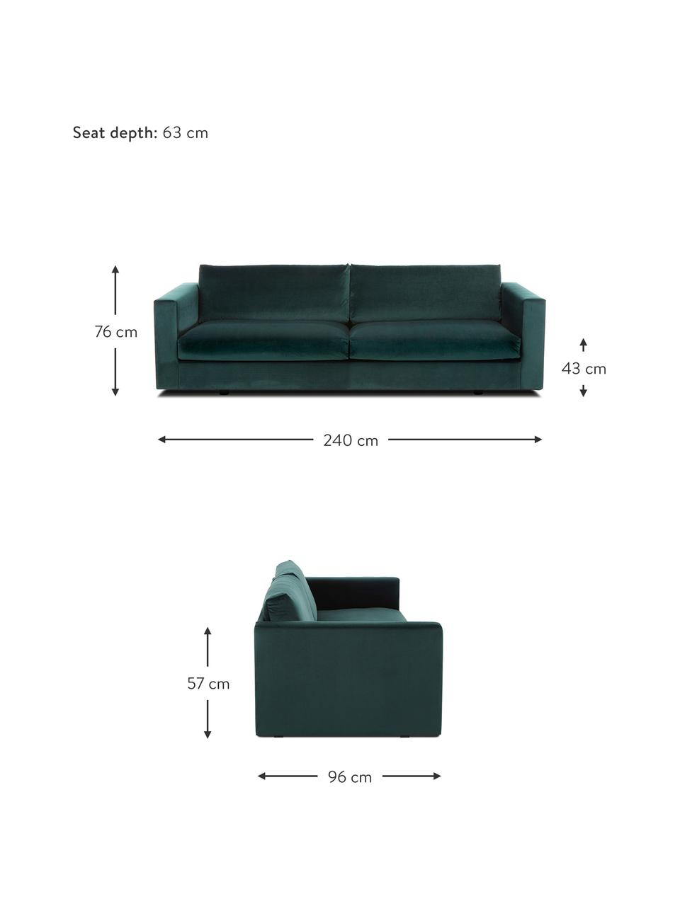 Fluwelen bank Balmira (3-zits) in donkergroen, Bekleding: fluweel (polyester), Frame: massief grenenhout, Poten: massief gelakt berkenhout, Fluweel donkergroen, B 240 x D 96 cm