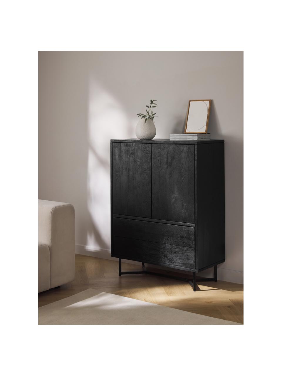 Highboard Luca aus Mangoholz, Füße: Metall, pulverbeschichtet, Mangoholz schwarz lackiert, Schwarz, B 90 x H 120 cm