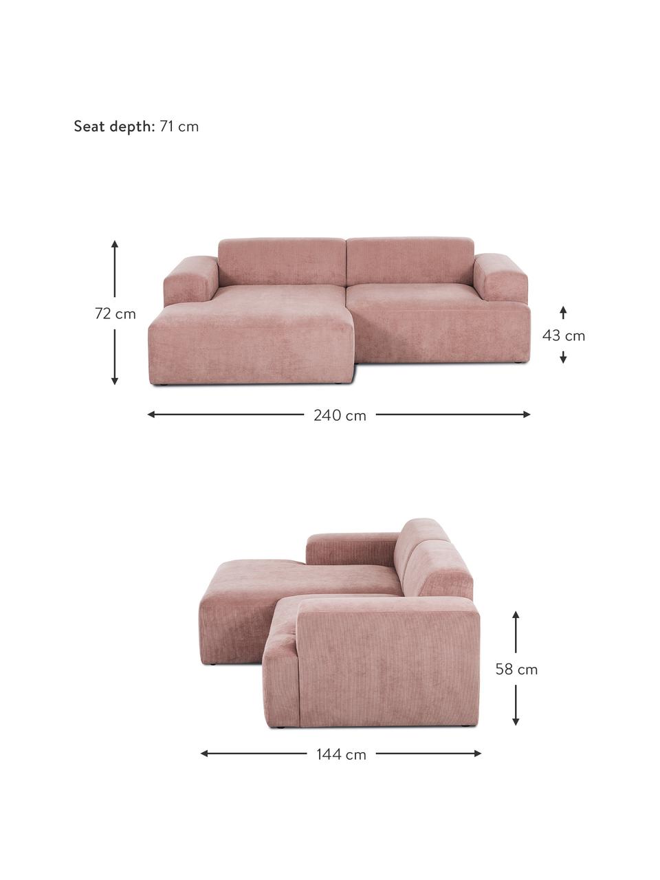 Sofa narożna ze sztruksu Melva (3-osobowa), Tapicerka: sztruks (92% poliester, 8, Nogi: drewno sosnowe Nogi znajd, Sztruks blady różowy, S 240 x G 144 cm