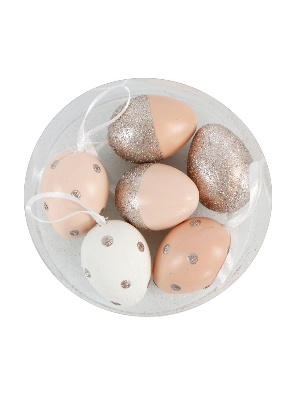 Deko-Anhänger-Set Ostereier Happy Easter, 6-tlg., Kunststoff, Rosa, Goldfarben, Transparent, Weiß, Beige,  Ø 3 x H 4 cm