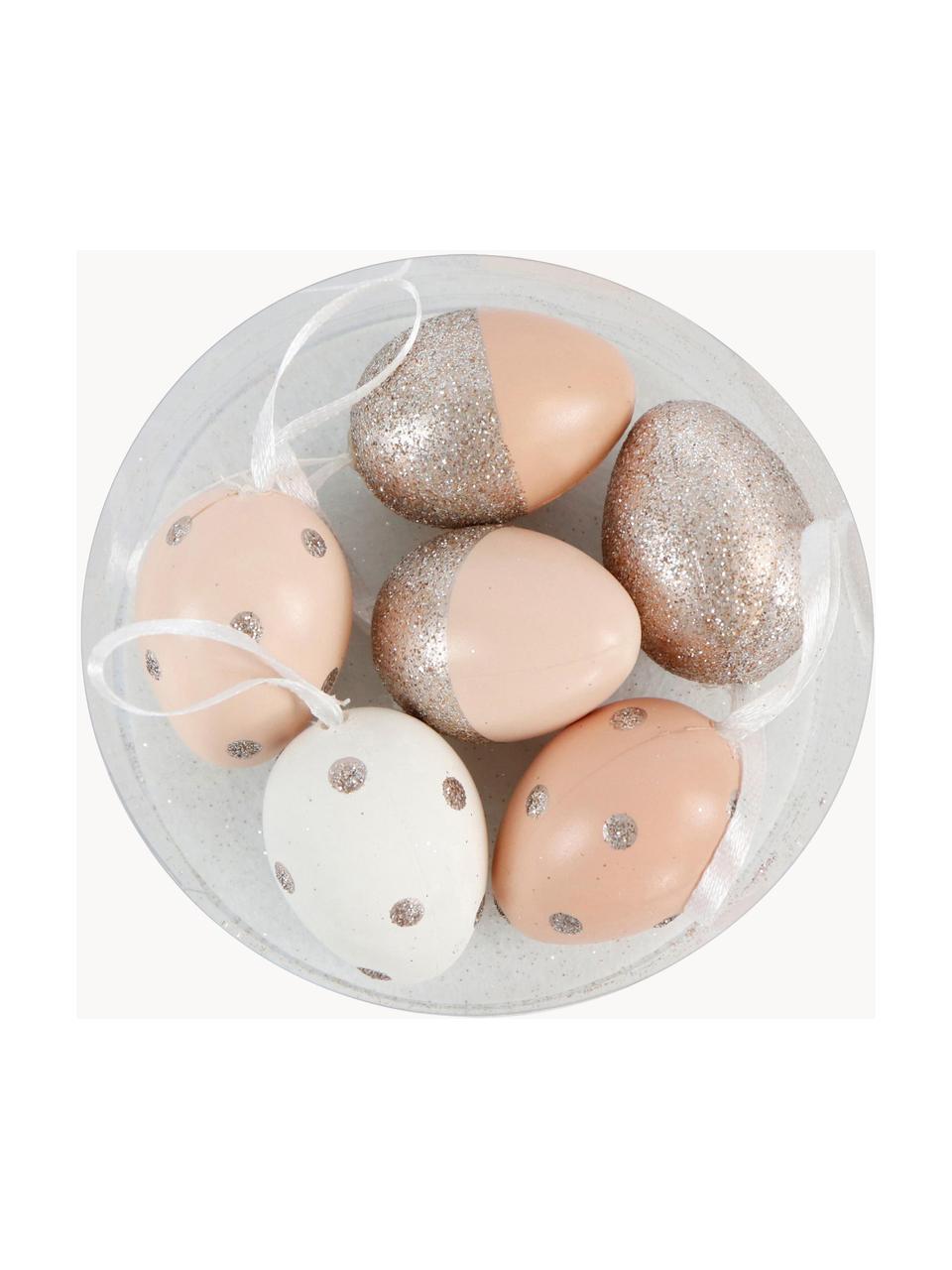 Oster-Dekoanhänger Happy Easter, 6er-Set, Kunststoff, Peach, Weiß, Silberfarben,  Ø 3 x H 4 cm