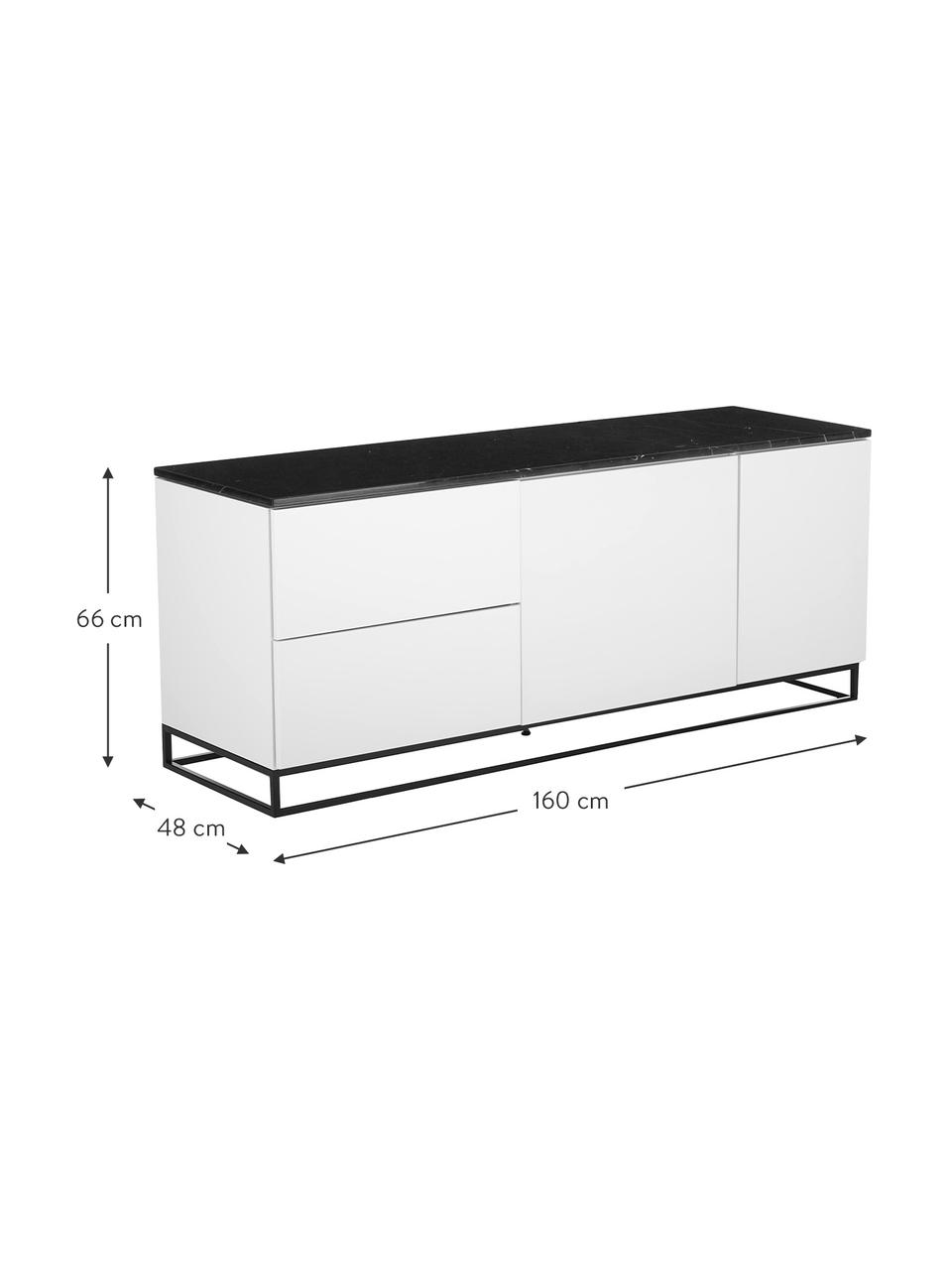 Dressoir Join met zwart marmeren blad, Plank: marmer, Frame: gelakt MDF, Poten: gelakt metaal, Wit, zwart, 160 x 66 cm