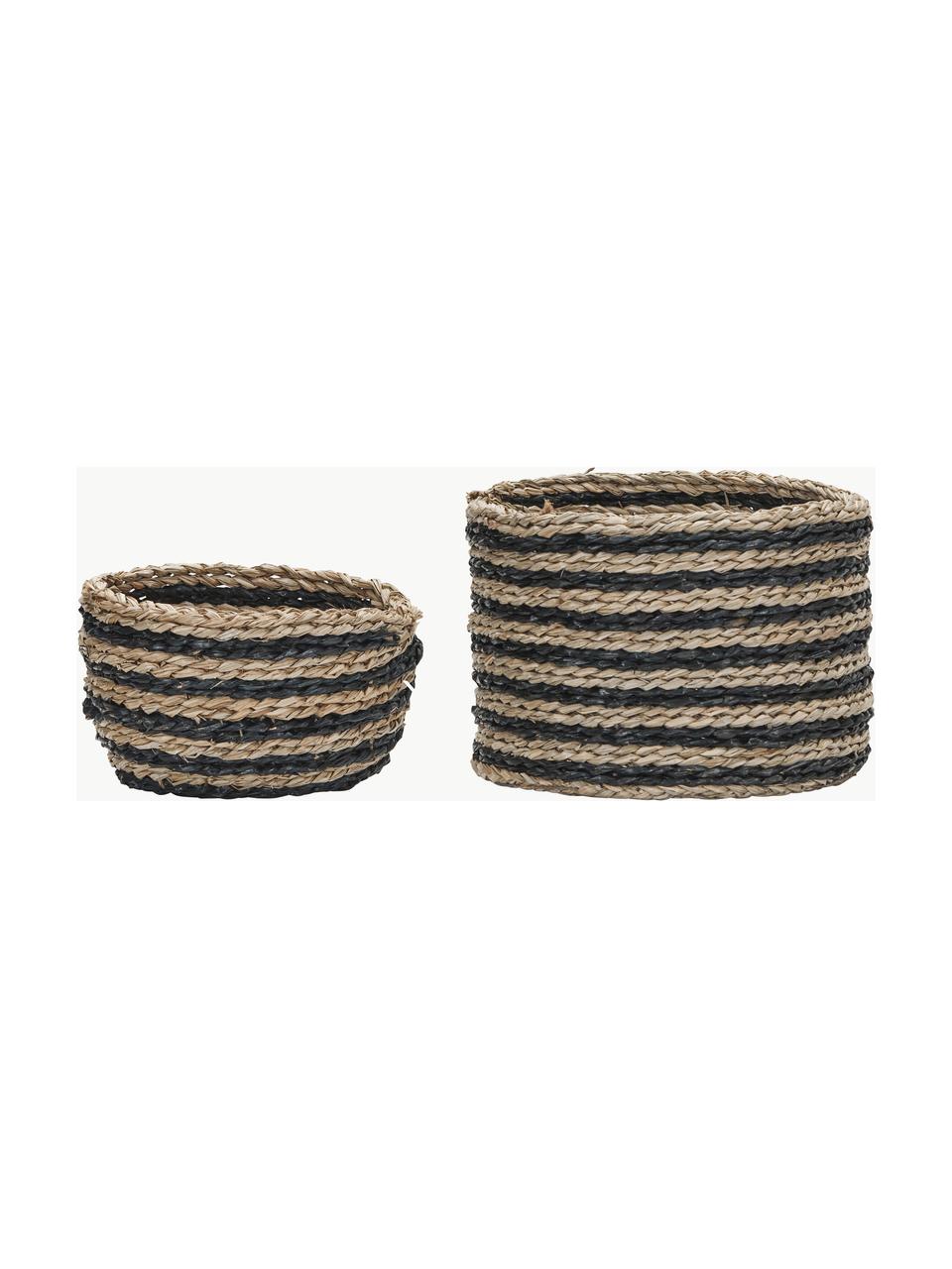 Set di 2 cestini fatti a mano in fibra naturale Zola, Fibra naturale, Beige, nero, Set in varie misure