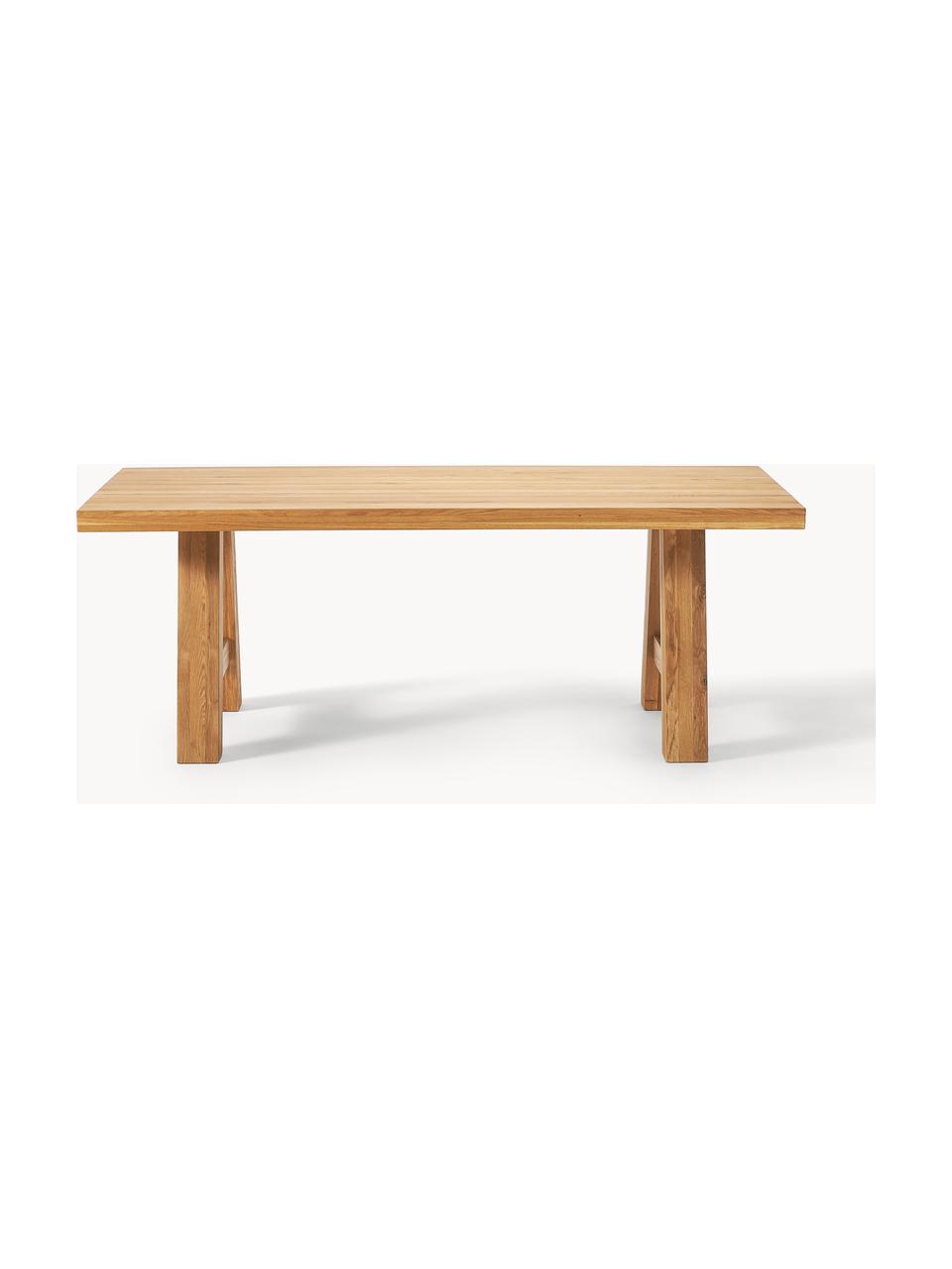 Mesa de comedor de madera de roble Ashton, tamaños diferentes, Madera clara de roble maciza barnizada
100% madera con certificado FSC, procedente de silvicultura sostenible, Madera de roble clara barnizada, An 200 x F 100 cm