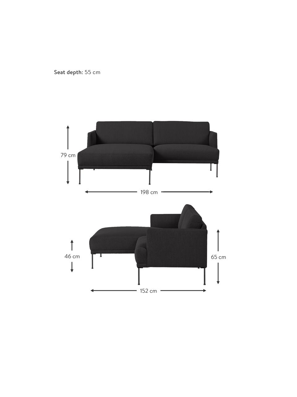 Sofa narożna z metalowymi nogami Fluente, Tapicerka: 100% poliester Dzięki tka, Stelaż: lite drewno sosnowe z cer, Nogi: metal malowany proszkowo, Ciemnoszara tkanina, S 198 x G 152 cm, lewostronna