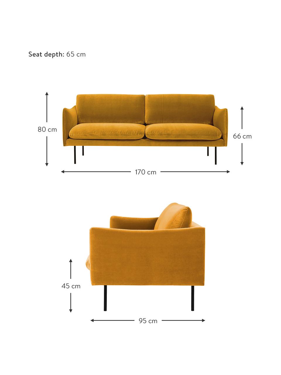 Sametová pohovka s kovovými nohami Moby (2místná), Horčicově žlutá, Š 170 cm, H 95 cm