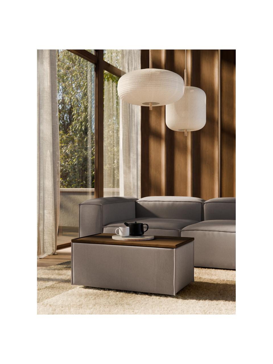 Sofa-Hocker Lennon aus Cord mit Stauraum, Bezug: Cord (92 % Polyester, 8 %, Tablett: Eichenholz, Spannplatte m, Gestell: Spanplatte, mitteldichte , Cord Taupe, dunkles Eichenholz, B 88 x T 50 cm