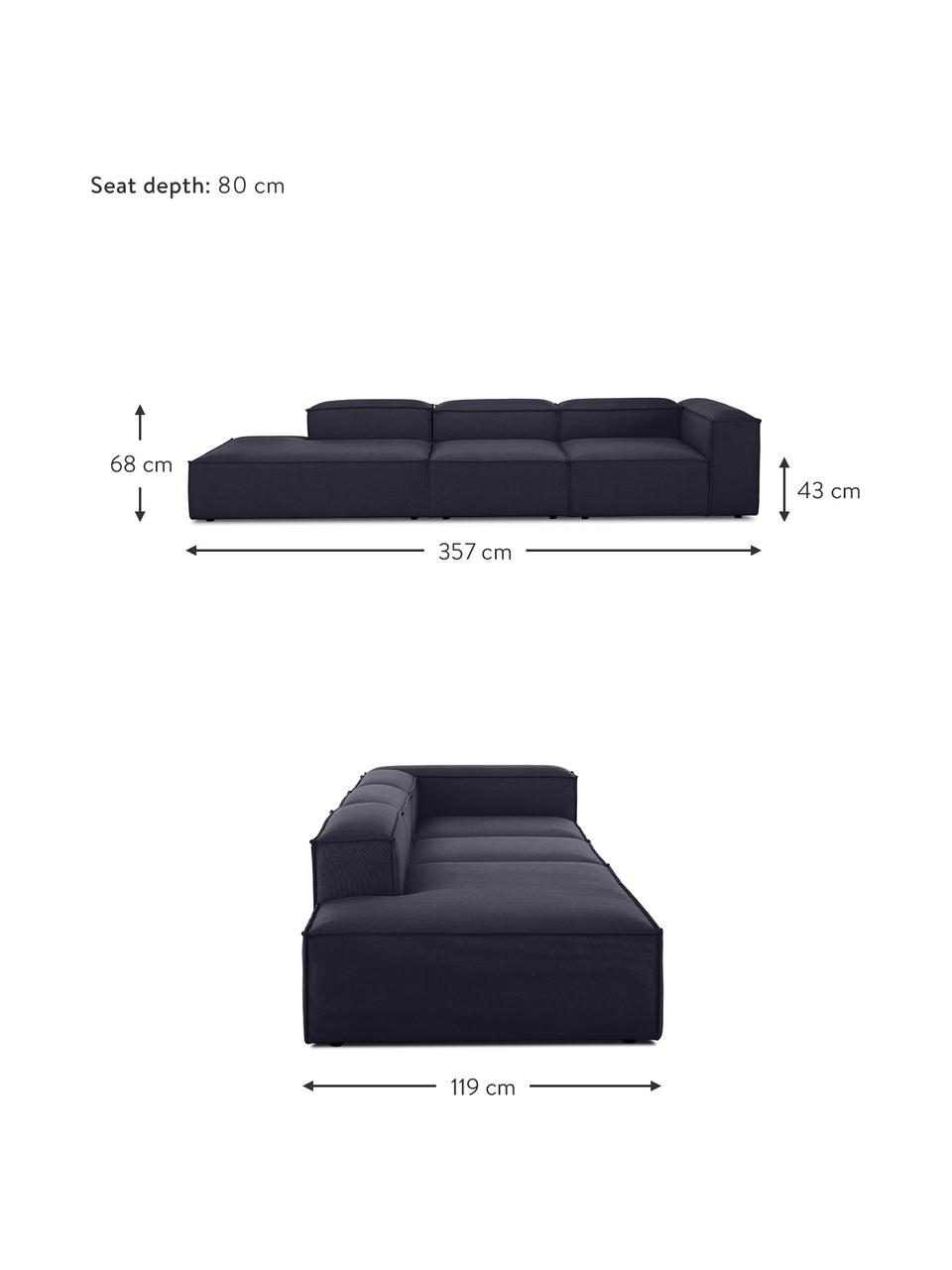 Szezlong modułowy XL Lennon, Tapicerka: 100% poliester Dzięki tka, Stelaż: lite drewno sosnowe, cert, Nogi: tworzywo sztuczne, Ciemnoniebieska tkanina, S 357 x G 119 cm, oparcie prawostronne