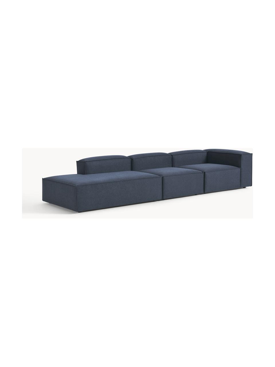 Chaise longue XL componibile Lennon, Rivestimento: 100% poliestere Con 115.0, Struttura: legno di pino massiccio, , Piedini: plastica, Tessuto blu scuro, Larg. 357 x Prof. 119 cm, schienale a destra