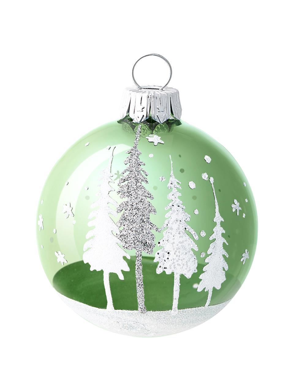 Mondgeblazen kerstbal, 6-delig, Glas, Wit, groen, zilverkleurig, Ø 8 x H 8 cm