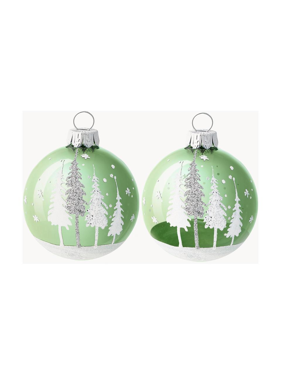 Mondgeblazen kerstbal, 6-delig, Glas, Wit, groen, zilverkleurig, Ø 8 x H 8 cm