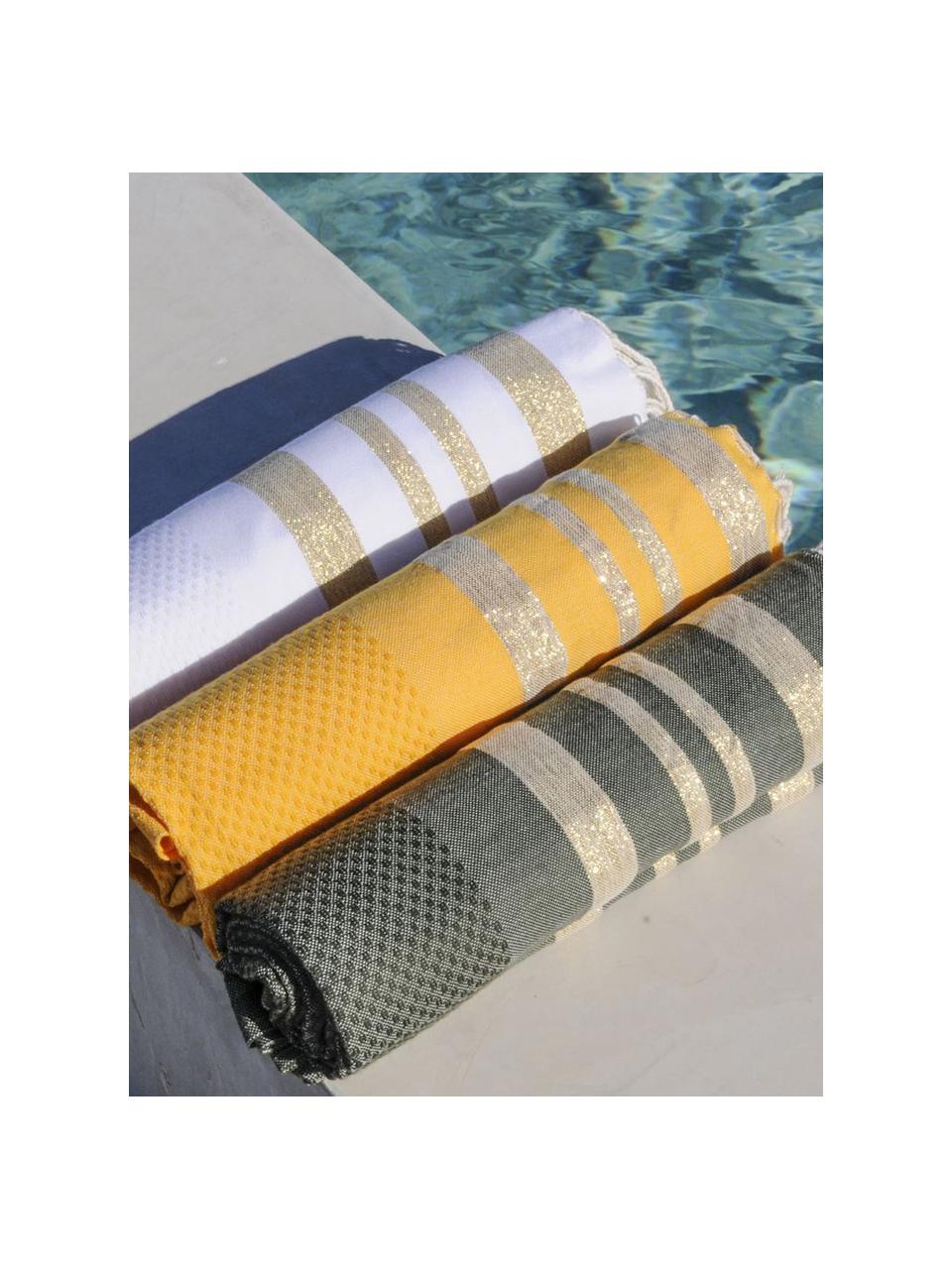 Ręcznik plażowy z frędzlami Hamptons, Biały, odcienie złotego, S 100 x D 200 cm