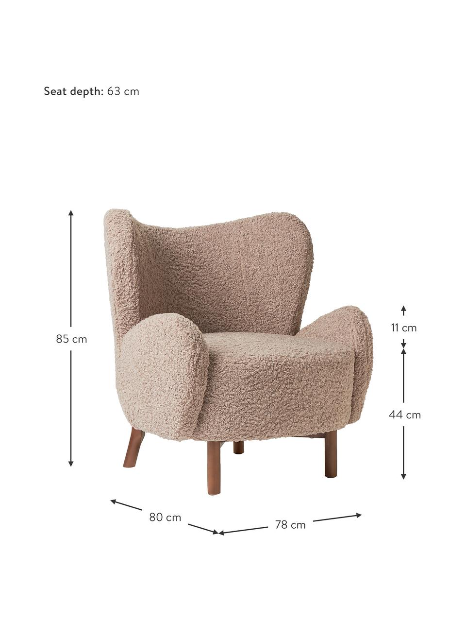 Fauteuil à oreilles Kalia, Tissu peluche taupe, bois de hêtre foncé, larg. 78 x prof. 80 cm