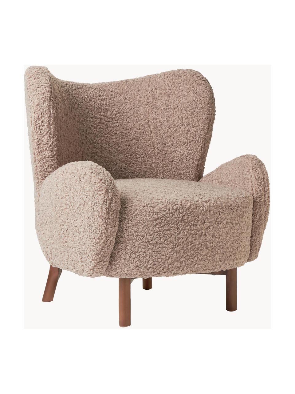 Fauteuil à oreilles Kalia, Tissu peluche taupe, bois de hêtre foncé, larg. 78 x prof. 80 cm